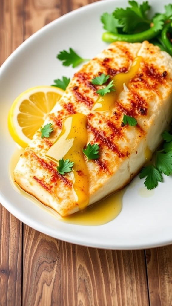Pan-seared tilapia fillet with lemon butter sauce and parsley on a white plate.